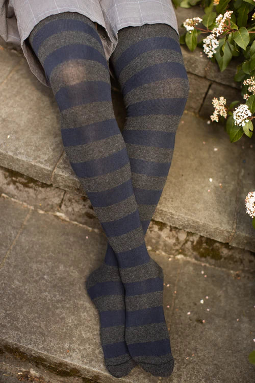 XL Foot Longer Striped Extraordinary Thigh High - Dark Charcoal/Navy
